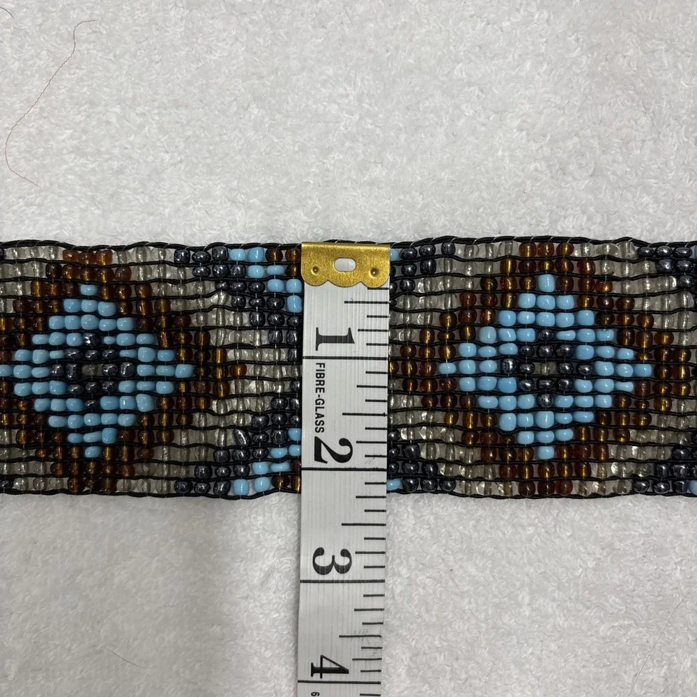 Vintage Handmade Glass Beaded Stretch Belt Wooden Interlocking Hook Buckle Boho
